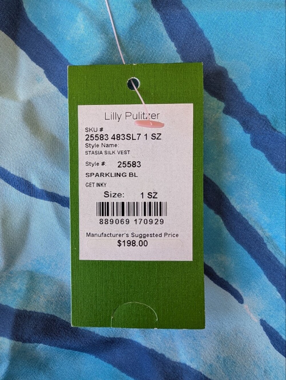 Lilly Pulitzer Stasia Silk Sparkling Blue Get Inky Vest OS Blue Turquoise - Picture 11 of 15